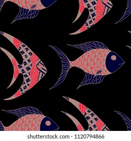 Exotic Fish. Seamless Pattern with Colorful Fish Hand Drawn in Zentangle Style. Sea Pattern for Paper, Fabric, Print. Bright Simple Texture in Trendy Colors. Vector Illustration.