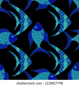Exotic Fish. Seamless Pattern with Colorful Fish Hand Drawn in Childish Style. Sea Pattern for Textile, Fabric, Print. Bright Simple Texture in Trendy Colors. Vector Illustration.