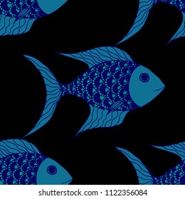 Exotic Fish. Seamless Pattern with Colorful Fish Hand Drawn in Primitive Style. Sea Pattern for Paper, Chintz, Print. Bright Simple Texture in Trendy Colors. Vector Illustration.