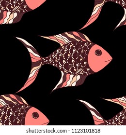 Exotic Fish. Seamless Pattern with Colorful Fish Hand Drawn in Zentangle Style. Sea Pattern for Paper, Chintz, Print. Bright Simple Texture in Trendy Colors. Vector Illustration.