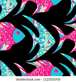 Exotic Fish. Seamless Pattern with Colorful Fish Hand Drawn in Primitive Style. Sea Pattern for Textile, Fabric, Print. Bright Simple Texture in Trendy Colors. Vector Illustration.