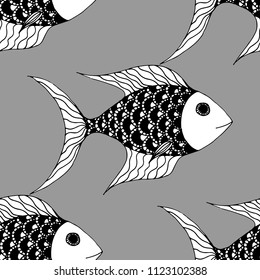 Exotic Fish. Seamless Pattern with Colorful Fish Hand Drawn in Doodle Style. Sea Pattern for Paper, Chintz, Swimwear. Bright Simple Texture in Trendy Colors. Vector Illustration.