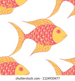Exotic Fish. Seamless Pattern with Colorful Fish Hand Drawn in Zentangle Style. Sea Pattern for Paper, Chintz, Swimwear. Bright Simple Texture in Trendy Colors. Vector Illustration.