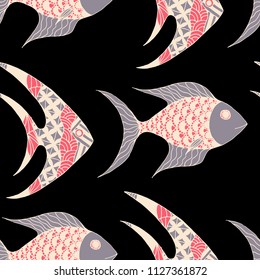 Exotic Fish. Seamless Pattern with Colorful Fish Hand Drawn in Zentangle Style. Sea Pattern for Paper, Chintz, Print. Bright Simple Texture in Trendy Colors. Vector Illustration.