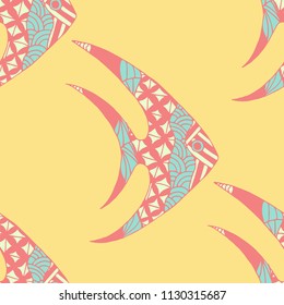 Exotic Fish. Seamless Pattern with Colorful Fish Hand Drawn in Childish Style. Sea Pattern for Paper, Fabric, Print. Bright Simple Texture in Trendy Colors. Vector Illustration.