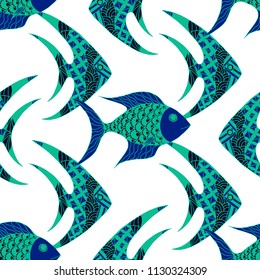 Exotic Fish. Seamless Pattern with Colorful Fish Hand Drawn in Comic Style. Sea Pattern for Paper, Chintz, Print. Bright Simple Texture in Trendy Colors. Vector Illustration.