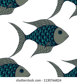Exotic Fish. Seamless Pattern with Colorful Fish Hand Drawn in Childish Style. Sea Pattern for Textile, Fabric, Print. Bright Simple Texture in Trendy Colors. Vector Illustration.