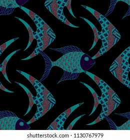 Exotic Fish. Seamless Pattern with Colorful Fish Hand Drawn in Doodle Style. Sea Pattern for Paper, Fabric, Print. Bright Simple Texture in Trendy Colors. Vector Illustration.
