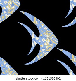 Exotic Fish. Seamless Pattern with Colorful Fish Hand Drawn in Childish Style. Sea Pattern for Paper, Fabric, Print. Bright Simple Texture in Trendy Colors. Vector Illustration.