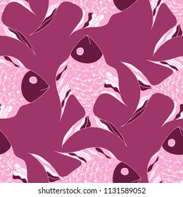 Exotic Fish. Seamless Pattern with Colorful Fish Hand Drawn in Doodle Style. Sea Pattern for Paper, Chintz, Print. Bright Simple Texture in Trendy Colors. Vector Illustration.
