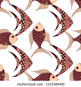 Exotic Fish. Seamless Pattern with Colorful Fish Hand Drawn in Doodle Style. Sea Pattern for Paper, Chintz, Print. Bright Simple Texture in Trendy Colors. Vector Illustration.