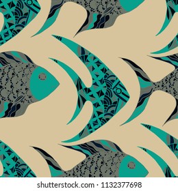 Exotic Fish. Seamless Pattern with Colorful Fish Hand Drawn in Comic Style. Sea Pattern for Paper, Chintz, Print. Bright Simple Texture in Trendy Colors. Vector Illustration.
