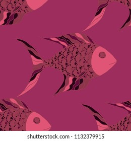 Exotic Fish. Seamless Pattern with Colorful Fish Hand Drawn in Primitive Style. Sea Pattern for Paper, Fabric, Print. Bright Simple Texture in Trendy Colors. Vector Illustration.