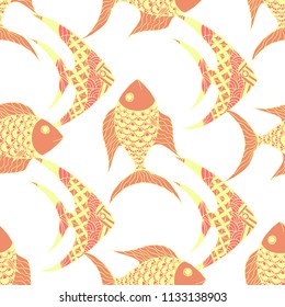 Exotic Fish. Seamless Pattern with Colorful Fish Hand Drawn in Primitive Style. Sea Pattern for Paper, Chintz, Print. Bright Simple Texture in Trendy Colors. Vector Illustration.