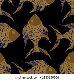 Exotic Fish. Seamless Pattern with Colorful Fish Hand Drawn in Comic Style. Sea Pattern for Paper, Chintz, Swimwear. Bright Simple Texture in Trendy Colors. Vector Illustration.