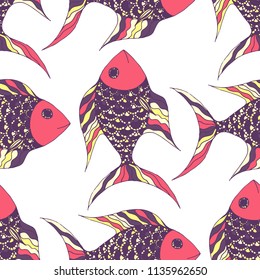 Exotic Fish. Seamless Pattern with Colorful Fish Hand Drawn in Childish Style. Sea Pattern for Paper, Fabric, Print. Bright Simple Texture in Trendy Colors. Vector Illustration.