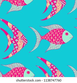 Exotic Fish. Seamless Pattern with Colorful Fish Hand Drawn in Zentangle Style. Sea Pattern for Paper, Chintz, Swimwear. Bright Simple Texture in Trendy Colors. Vector Illustration.