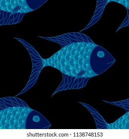 Exotic Fish. Seamless Pattern with Colorful Fish Hand Drawn in Doodle Style. Sea Pattern for Paper, Fabric, Print. Bright Simple Texture in Trendy Colors. Vector Illustration.