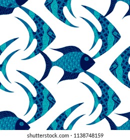 Exotic Fish. Seamless Pattern with Colorful Fish Hand Drawn in Zentangle Style. Sea Pattern for Paper, Chintz, Print. Bright Simple Texture in Trendy Colors. Vector Illustration.