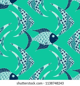 Exotic Fish. Seamless Pattern with Colorful Fish Hand Drawn in Comic Style. Sea Pattern for Paper, Chintz, Print. Bright Simple Texture in Trendy Colors. Vector Illustration.