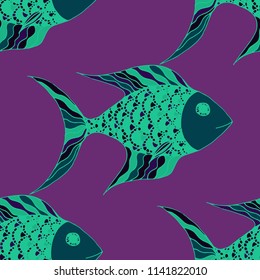Exotic Fish. Seamless Pattern with Colorful Fish Hand Drawn in Doodle Style. Sea Pattern for Paper, Fabric, Print. Bright Simple Texture in Trendy Colors. Vector Illustration.