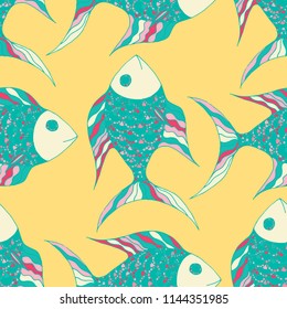 Exotic Fish. Seamless Pattern with Colorful Fish Hand Drawn in Comic Style. Sea Pattern for Paper, Chintz, Swimwear. Bright Simple Texture in Trendy Colors. Vector Illustration.