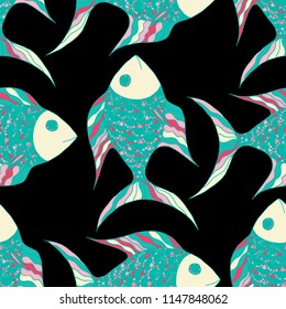 Exotic Fish. Seamless Pattern with Colorful Fish Hand Drawn in Zentangle Style. Sea Pattern for Paper, Fabric, Print. Bright Simple Texture in Trendy Colors. Vector Illustration.