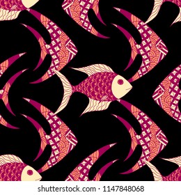 Exotic Fish. Seamless Pattern with Colorful Fish Hand Drawn in Zentangle Style. Sea Pattern for Textile, Fabric, Print. Bright Simple Texture in Trendy Colors. Vector Illustration.