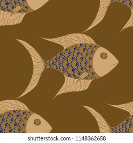 Exotic Fish. Seamless Pattern with Colorful Fish Hand Drawn in Doodle Style. Sea Pattern for Paper, Fabric, Print. Bright Simple Texture in Trendy Colors. Vector Illustration.