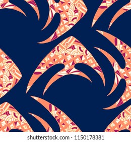 Exotic Fish. Seamless Pattern with Colorful Fish Hand Drawn in Zentangle Style. Sea Pattern for Paper, Chintz, Print. Bright Simple Texture in Trendy Colors. Vector Illustration.