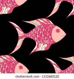 Exotic Fish. Seamless Pattern with Colorful Fish Hand Drawn in Comic Style. Sea Pattern for Paper, Fabric, Print. Bright Simple Texture in Trendy Colors. Vector Illustration.