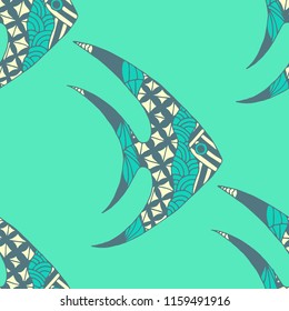 Exotic Fish. Seamless Pattern with Colorful Fish Hand Drawn in Zentangle Style. Sea Pattern for Textile, Fabric, Print. Bright Simple Texture in Trendy Colors. Vector Illustration.