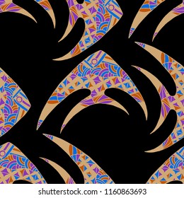 Exotic Fish. Seamless Pattern with Colorful Fish Hand Drawn in Primitive Style. Sea Pattern for Paper, Fabric, Print. Bright Simple Texture in Trendy Colors. Vector Illustration.