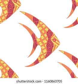 Exotic Fish. Seamless Pattern with Colorful Fish Hand Drawn in Comic Style. Sea Pattern for Textile, Fabric, Print. Bright Simple Texture in Trendy Colors. Vector Illustration.