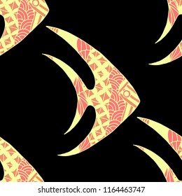 Exotic Fish. Seamless Pattern with Colorful Fish Hand Drawn in Primitive Style. Sea Pattern for Textile, Fabric, Print. Bright Simple Texture in Trendy Colors. Vector Illustration.