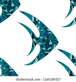 Exotic Fish. Seamless Pattern with Colorful Fish Hand Drawn in Primitive Style. Sea Pattern for Paper, Chintz, Print. Bright Simple Texture in Trendy Colors. Vector Illustration.