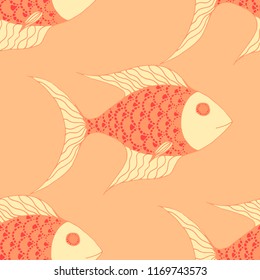 Exotic Fish. Seamless Pattern with Colorful Fish Hand Drawn in Childish Style. Sea Pattern for Paper, Chintz, Swimwear. Bright Simple Texture in Trendy Colors. Vector Illustration.