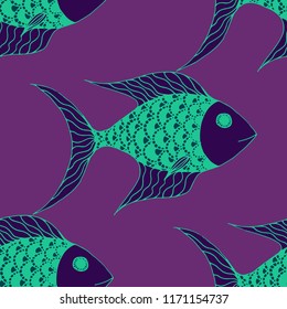 Exotic Fish. Seamless Pattern with Colorful Fish Hand Drawn in Zentangle Style. Sea Pattern for Paper, Chintz, Swimwear. Bright Simple Texture in Trendy Colors. Vector Illustration.
