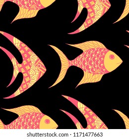 Exotic Fish. Seamless Pattern with Colorful Fish Hand Drawn in Childish Style. Sea Pattern for Textile, Fabric, Print. Bright Simple Texture in Trendy Colors. Vector Illustration.