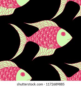Exotic Fish. Seamless Pattern with Colorful Fish Hand Drawn in Doodle Style. Sea Pattern for Paper, Chintz, Swimwear. Bright Simple Texture in Trendy Colors. Vector Illustration.