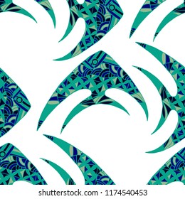 Exotic Fish. Seamless Pattern with Colorful Fish Hand Drawn in Comic Style. Sea Pattern for Paper, Fabric, Print. Bright Simple Texture in Trendy Colors. Vector Illustration.