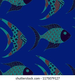 Exotic Fish. Seamless Pattern with Colorful Fish Hand Drawn in Doodle Style. Sea Pattern for Paper, Fabric, Print. Bright Simple Texture in Trendy Colors. Vector Illustration.