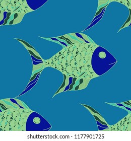Exotic Fish. Seamless Pattern with Colorful Fish Hand Drawn in Zentangle Style. Sea Pattern for Paper, Chintz, Print. Bright Simple Texture in Trendy Colors. Vector Illustration.
