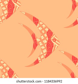 Exotic Fish. Seamless Pattern with Colorful Fish Hand Drawn in Primitive Style. Sea Pattern for Paper, Fabric, Print. Bright Simple Texture in Trendy Colors. Vector Illustration.