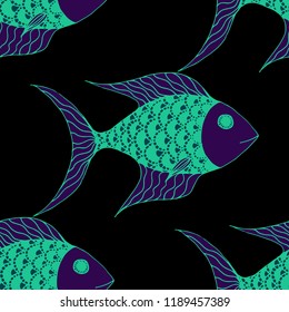 Exotic Fish. Seamless Pattern with Colorful Fish Hand Drawn in Doodle Style. Sea Pattern for Textile, Fabric, Print. Bright Simple Texture in Trendy Colors. Vector Illustration.