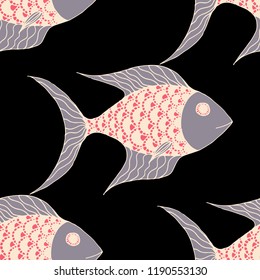 Exotic Fish. Seamless Pattern with Colorful Fish Hand Drawn in Comic Style. Sea Pattern for Textile, Fabric, Print. Bright Simple Texture in Trendy Colors. Vector Illustration.