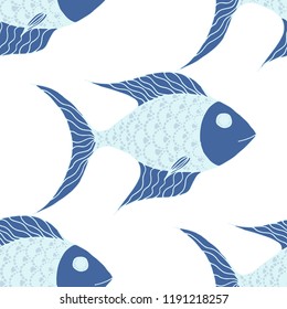 Exotic Fish. Seamless Pattern with Colorful Fish Hand Drawn in Doodle Style. Sea Pattern for Paper, Fabric, Print. Bright Simple Texture in Trendy Colors. Vector Illustration.