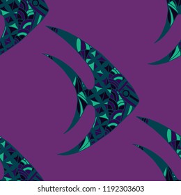 Exotic Fish. Seamless Pattern with Colorful Fish Hand Drawn in Primitive Style. Sea Pattern for Paper, Fabric, Print. Bright Simple Texture in Trendy Colors. Vector Illustration.