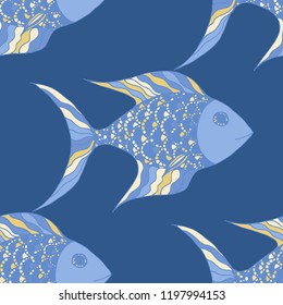 Exotic Fish. Seamless Pattern with Colorful Fish Hand Drawn in Doodle Style. Sea Pattern for Paper, Fabric, Print. Bright Simple Texture in Trendy Colors. Vector Illustration.