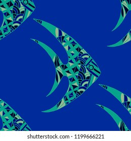 Exotic Fish. Seamless Pattern with Colorful Fish Hand Drawn in Zentangle Style. Sea Pattern for Paper, Chintz, Print. Bright Simple Texture in Trendy Colors. Vector Illustration.